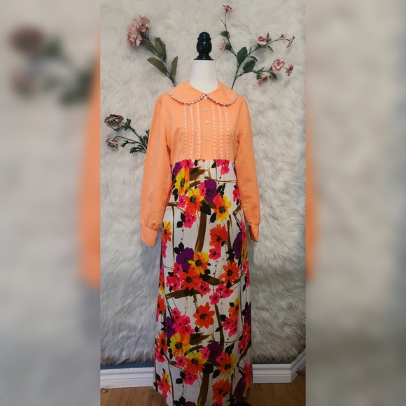 Yes Honey ? - 1970s Floral and Coral Peter Pan Collared Maxi Dress - Picture 6 of 6